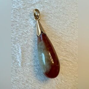 14K Teardrop Brown And Green Jade Pendant